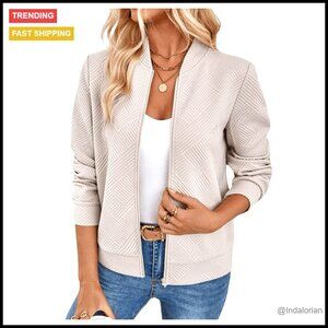 Zip Up Bomber Jacket Lightweight Textured Casual Chic Spring Fall Business